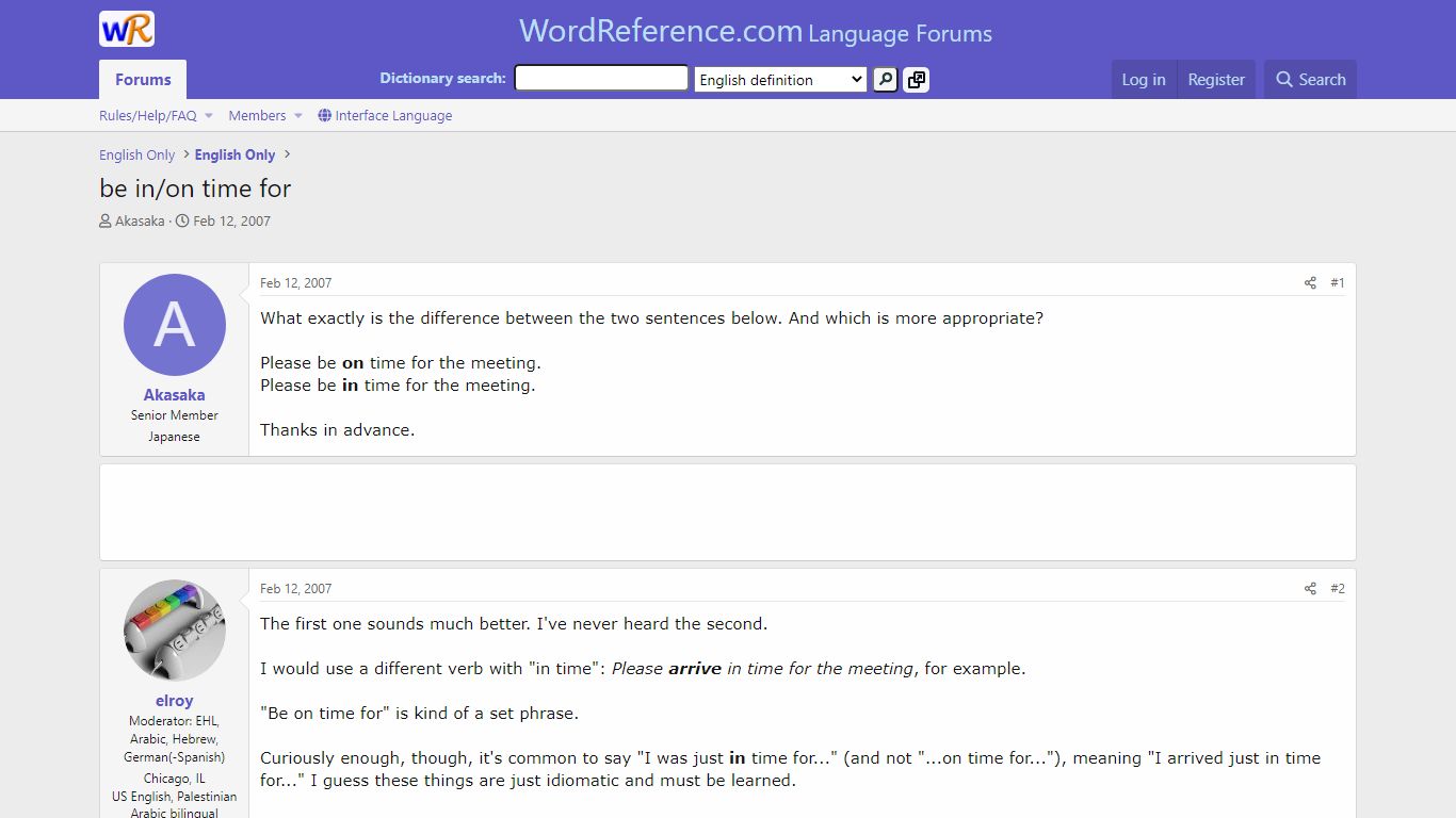 be in/on time for | WordReference Forums